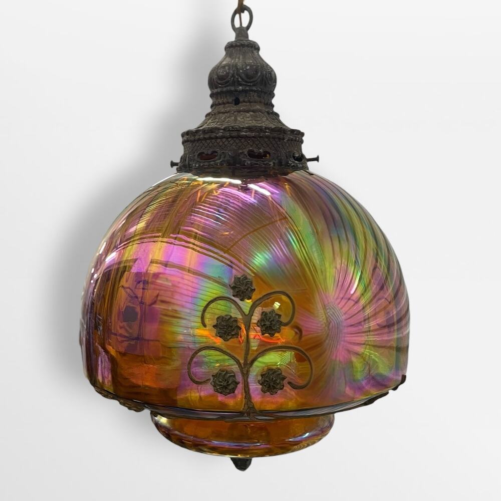Vintage 1950s Falkenstein Style Amber Carnival Glass Hanging Swag Lamp
